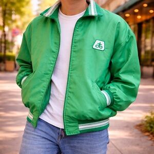 70'S VINTAGE HOLLOWAY GREEN VARSITY BOMBER JACKET ZIP MENS LARGE